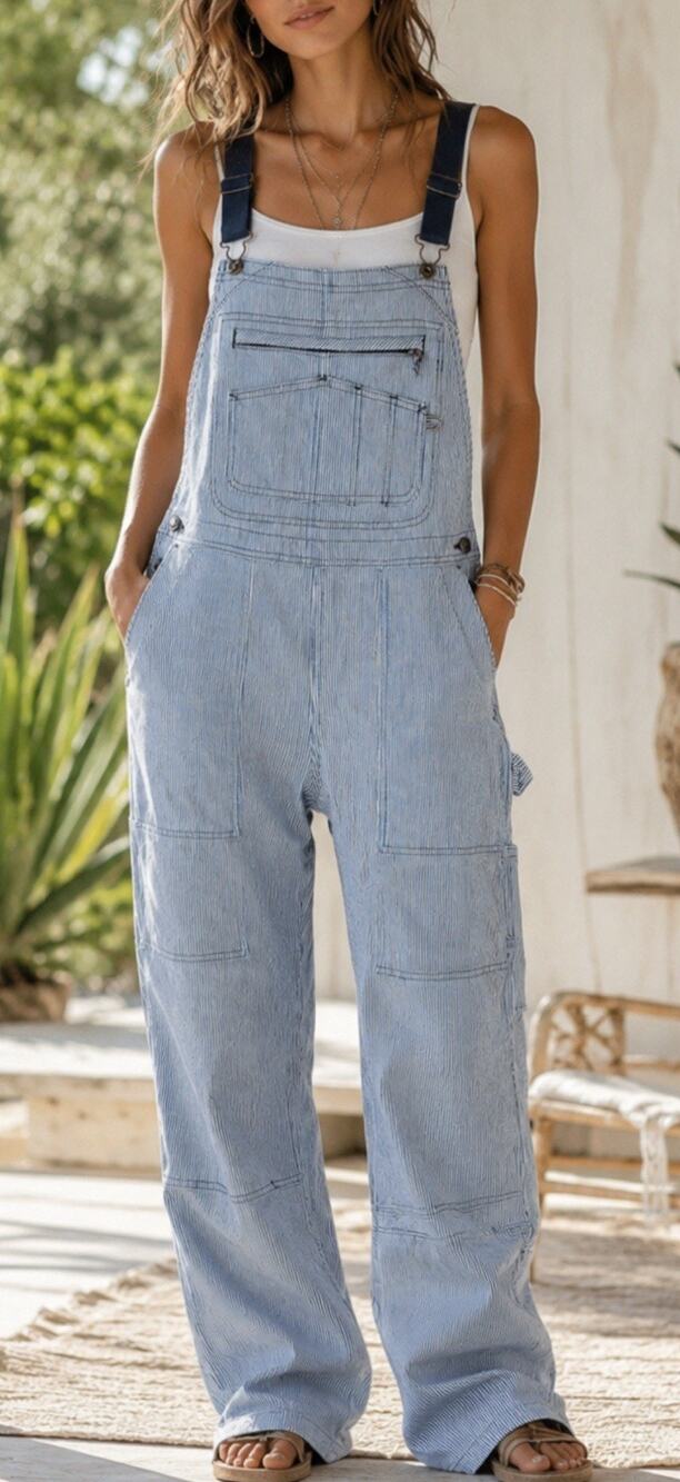 Duluth Trading Co Overalls Women L Blue Hickory Stripe Utility Bib Railroad New